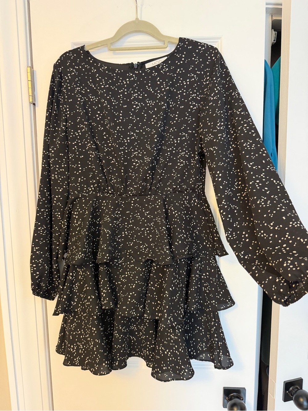 Black Long-Sleeve Tiered Peplum Mini Dress with White Dot Print